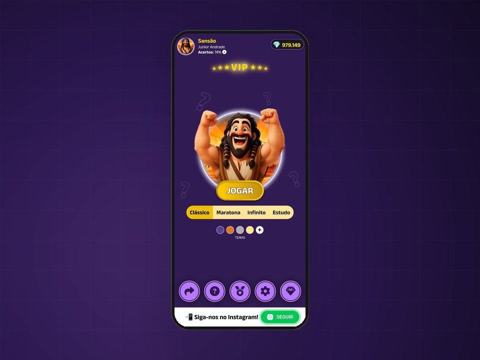 Tela do app Show do Biblião mostrando menu principal com personagem Sansão